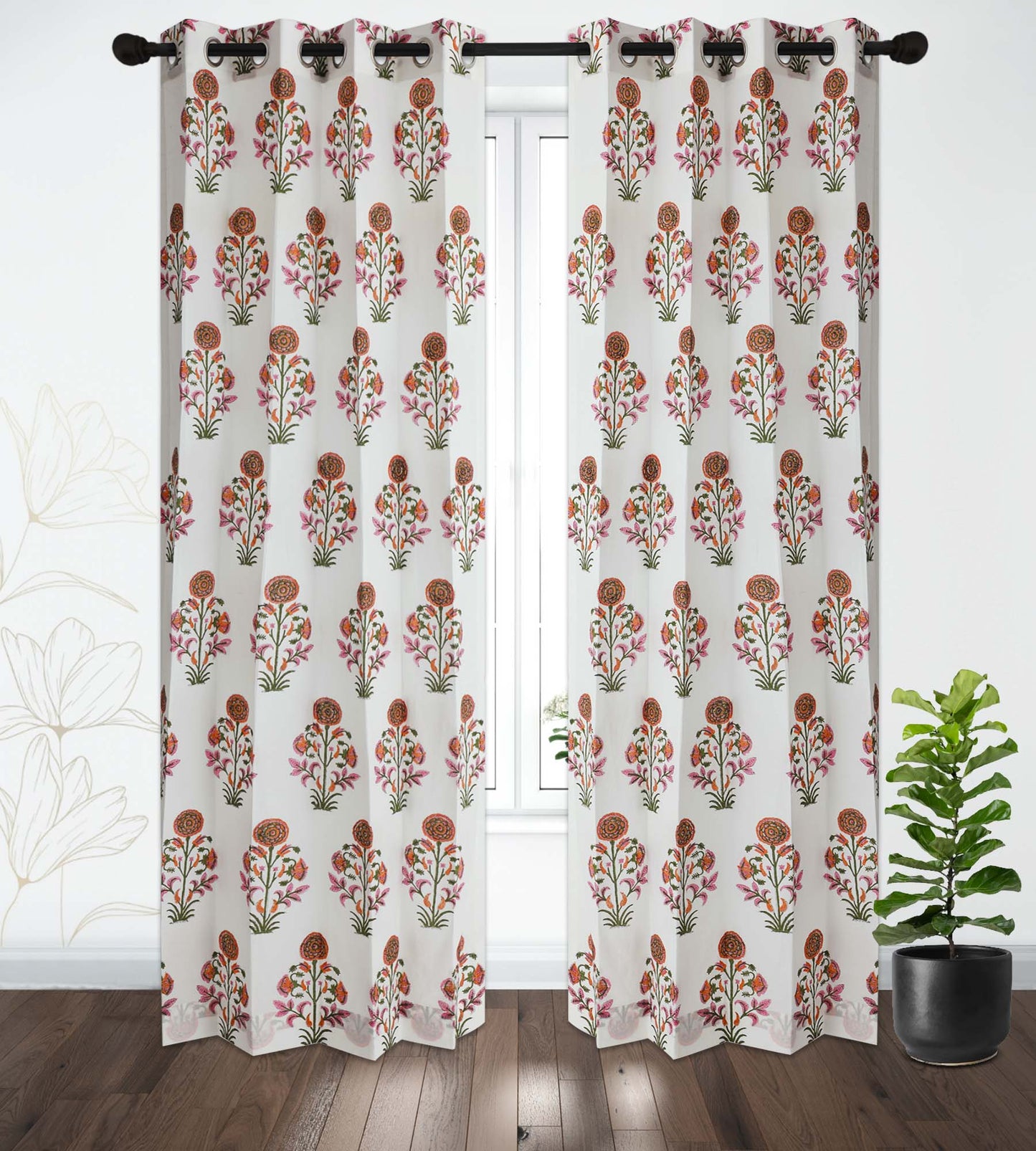 Orange Surajmukhi Cotton Handblock Curtain (Pair of 2 Curtains)