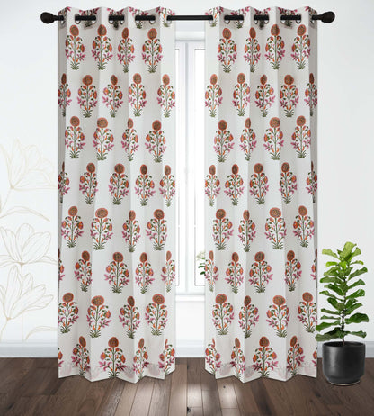 Orange Surajmukhi Cotton Handblock Curtain (Pair of 2 Curtains)