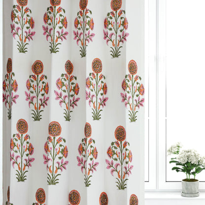 Orange Surajmukhi Cotton Handblock Curtain (Pair of 2 Curtains)