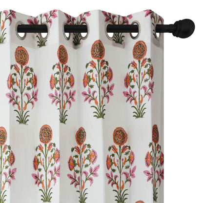 Orange Surajmukhi Cotton Handblock Curtain (Pair of 2 Curtains)