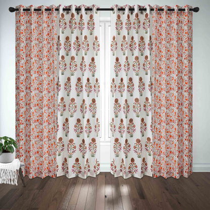 Orange Surajmukhi with Orange Jaal Cotton Handblock Combo (Set of 4 Curtains)