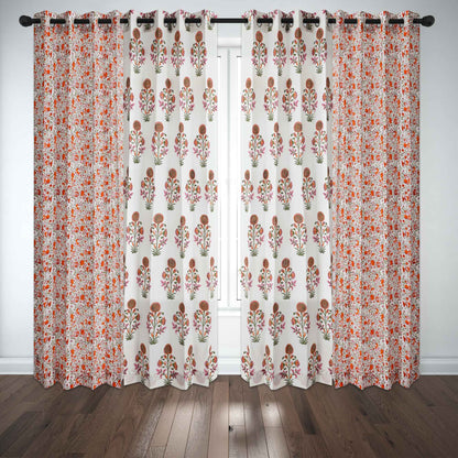 Orange Surajmukhi with Orange Jaal Cotton Handblock Combo (Set of 4 Curtains)