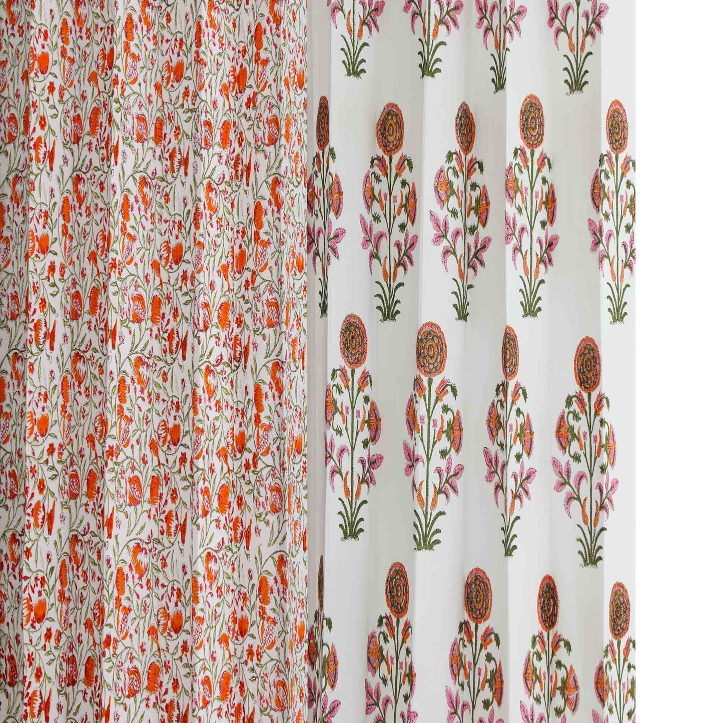 Orange Surajmukhi with Orange Jaal Cotton Handblock Combo (Set of 4 Curtains)