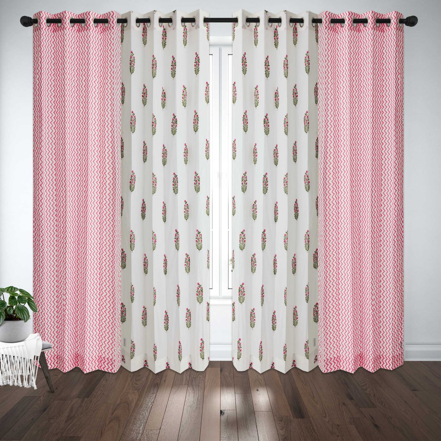 Pink Bajra with Pink Zigzag Cotton Handblock Combo (Set of 4 Curtains)