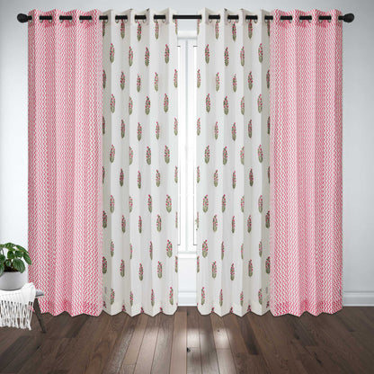 Pink Bajra with Pink Zigzag Cotton Handblock Combo (Set of 4 Curtains)