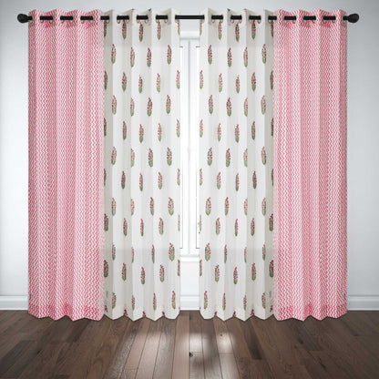 Pink Bajra with Pink Zigzag Cotton Handblock Combo (Set of 4 Curtains)