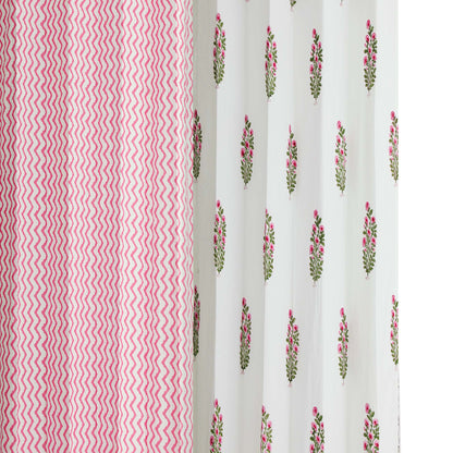 Pink Bajra with Pink Zigzag Cotton Handblock Combo (Set of 4 Curtains)