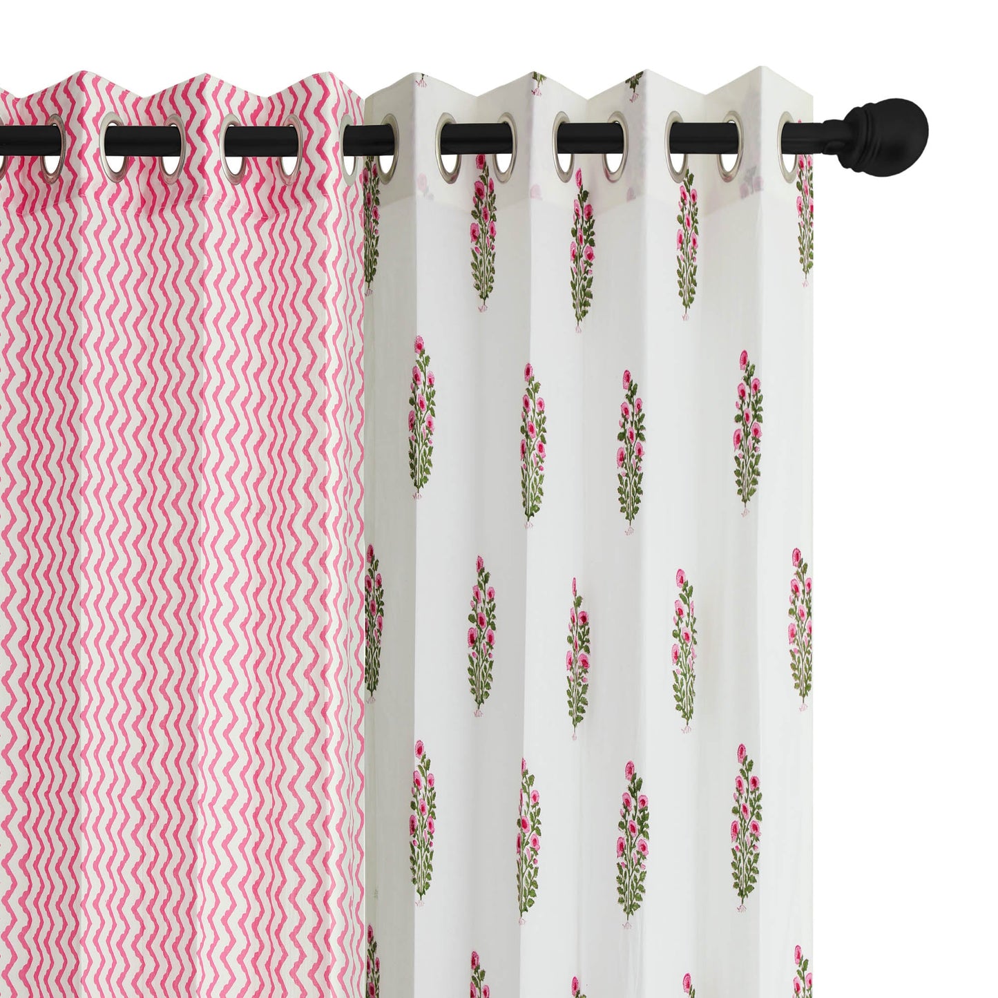 Pink Bajra with Pink Zigzag Cotton Handblock Combo (Set of 4 Curtains)