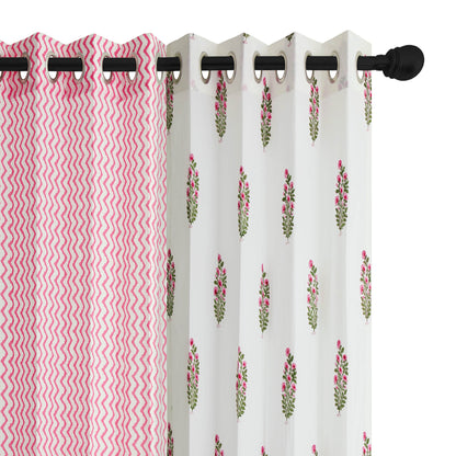 Pink Bajra with Pink Zigzag Cotton Handblock Combo (Set of 4 Curtains)