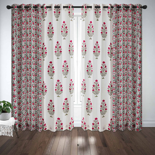 Pink Grey Guldasta wirh Pink Grey Gulab Jaal Cotton Handblock Combo (Set of 4 Curtains)