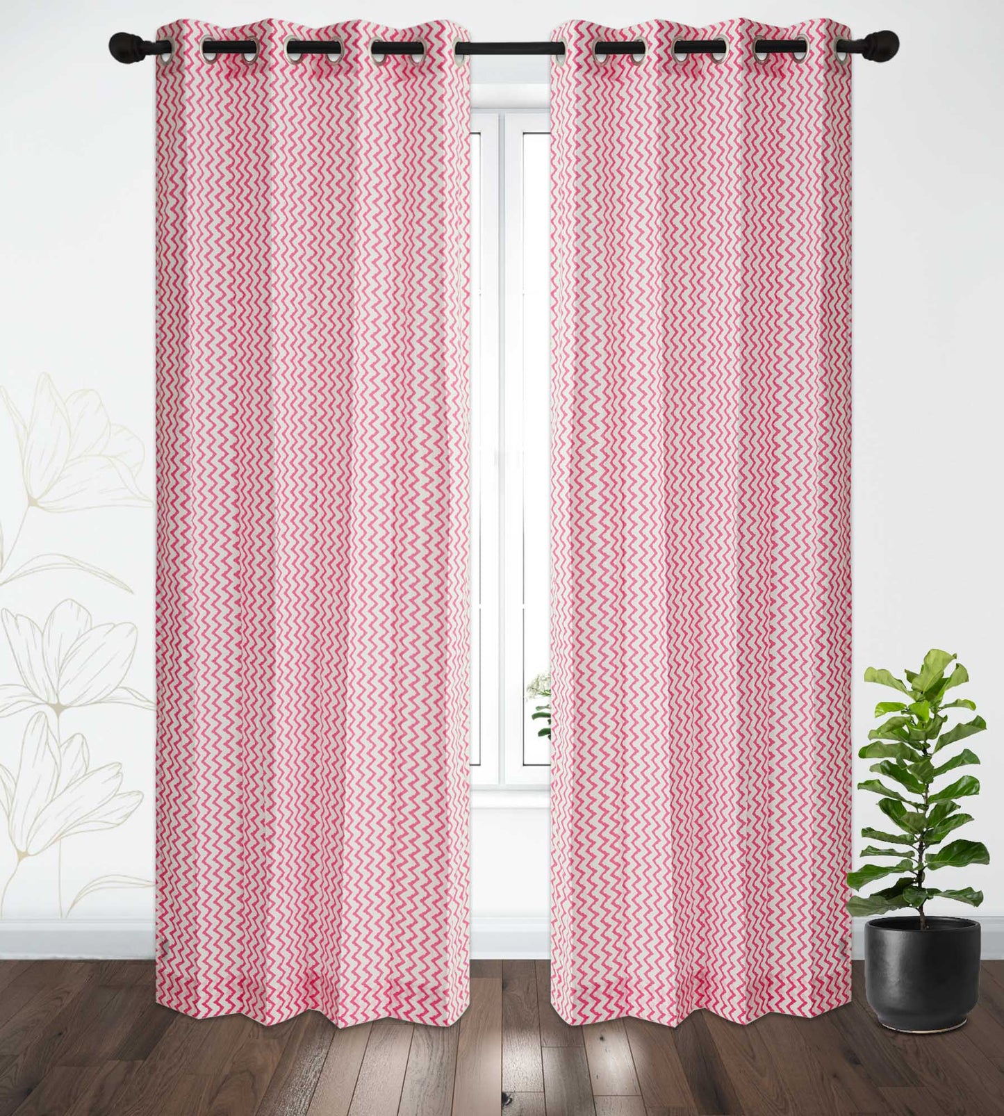 Pink Zigzag Cotton Handblock Curtain (Pair of 2 Curtains)