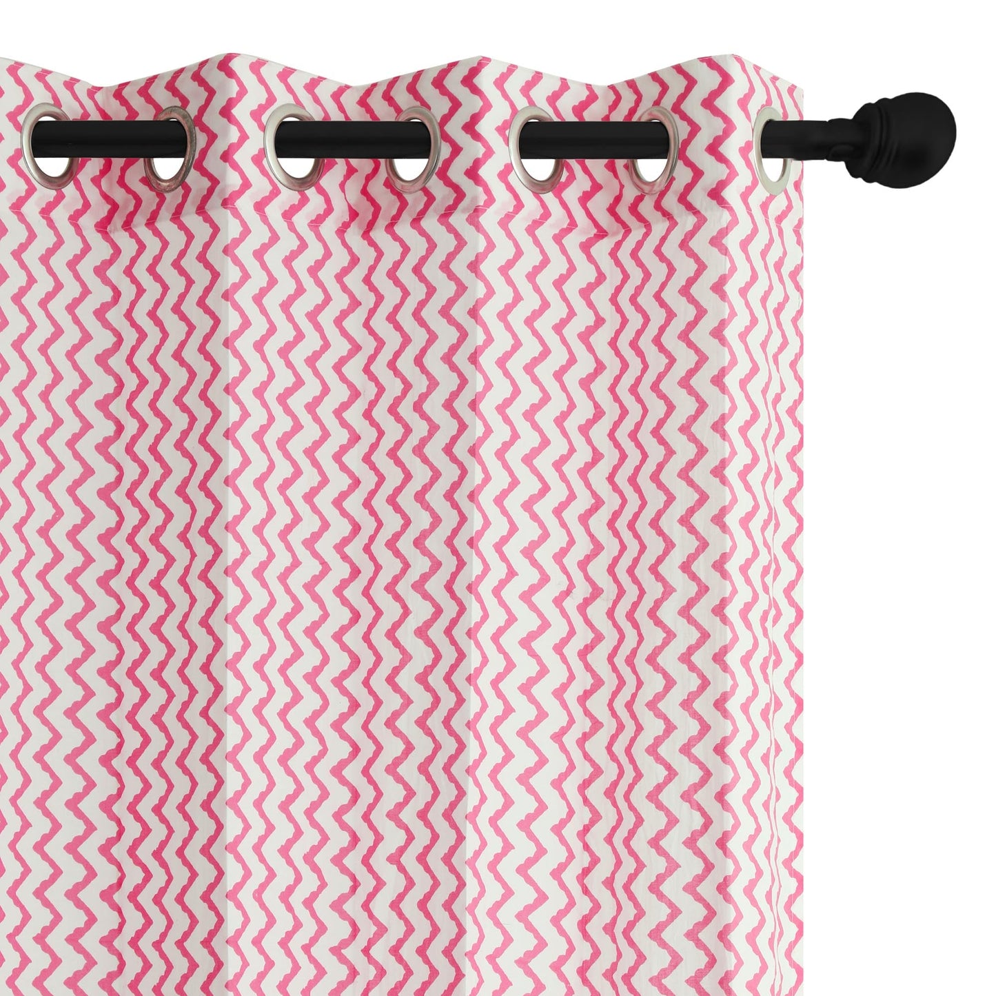 Pink Zigzag Cotton Handblock Curtain (Pair of 2 Curtains)