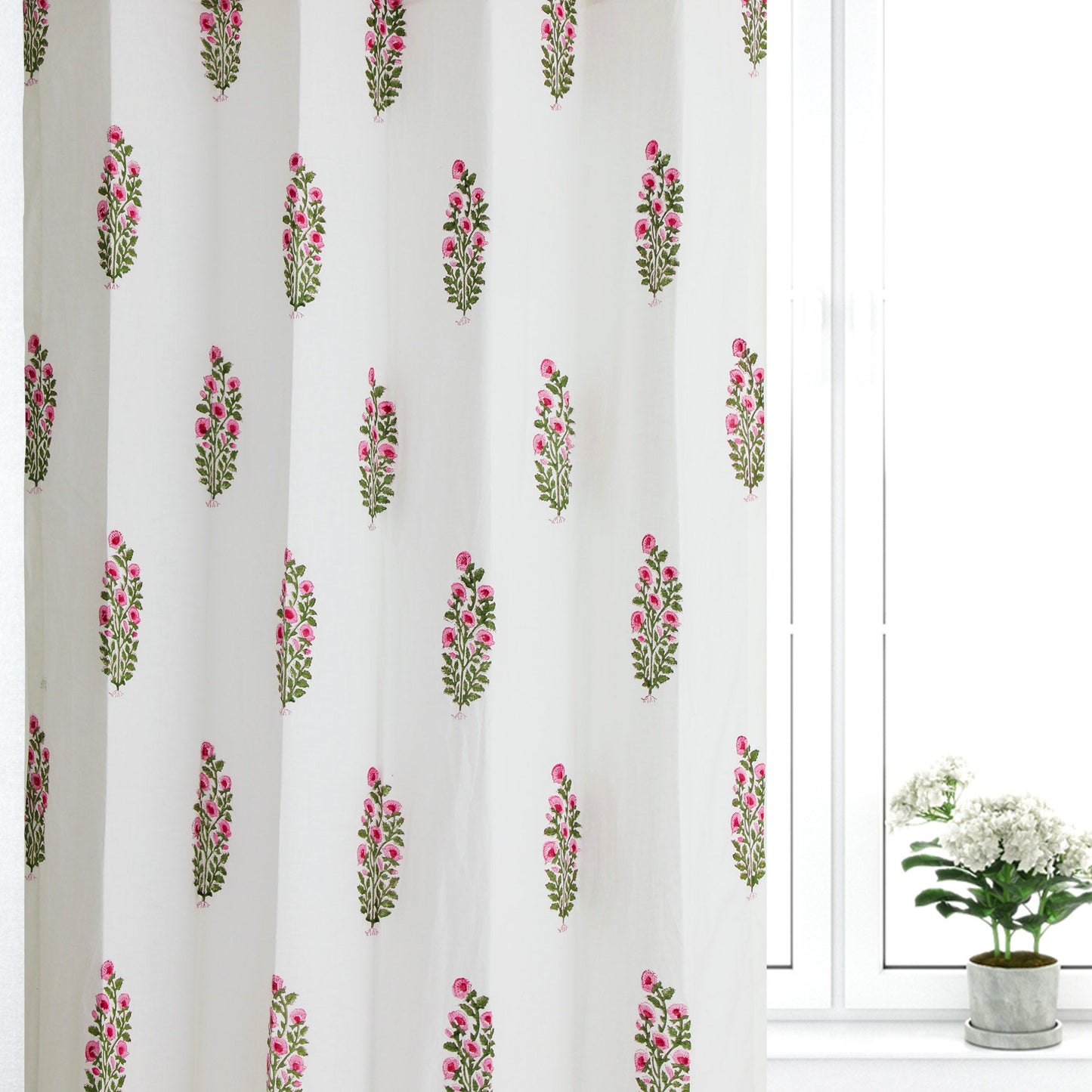 Pink and Green Bajra Cotton Handblock Curtain (Pair of 2 Curtains)