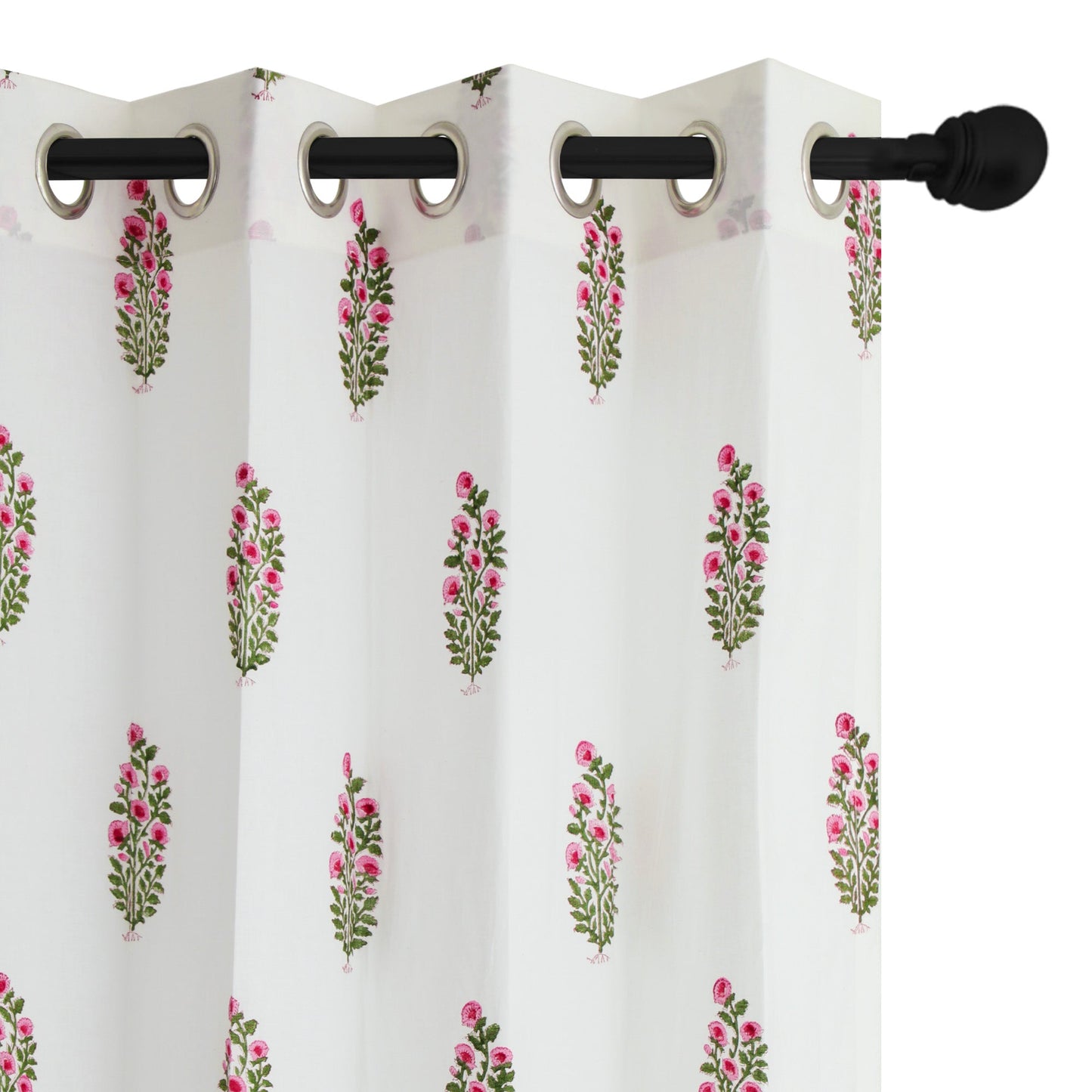 Pink and Green Bajra Cotton Handblock Curtain (Pair of 2 Curtains)