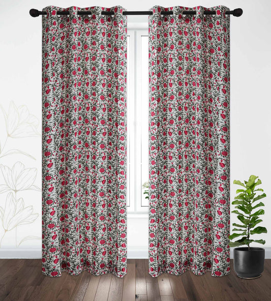 Pink and Grey Gulab Jaal Cotton Handblock Curtain (Pair of 2 Curtains)