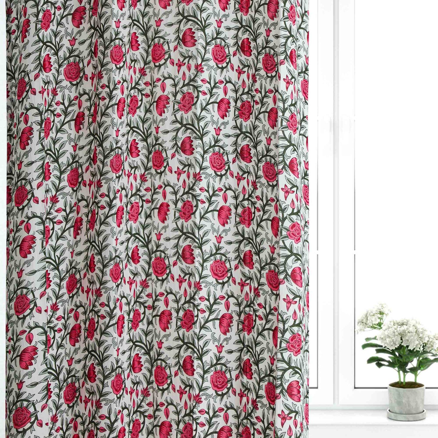 Pink and Grey Gulab Jaal Cotton Handblock Curtain (Pair of 2 Curtains)