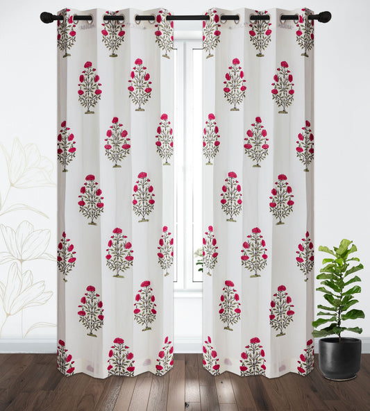 Pink and Grey Guldasta Cotton Handblock Curtain (Pair of 2 Curtains)