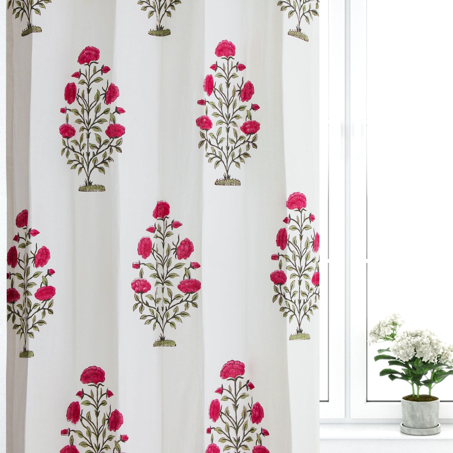 Pink and Grey Guldasta Cotton Handblock Curtain (Pair of 2 Curtains)