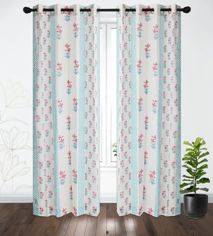 Pink and SeaGreen Lillies Cotton Handblock Curtain (Pair of 2 Curtains)