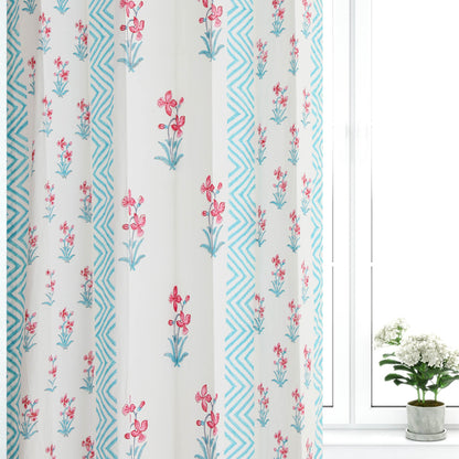 Pink and SeaGreen Lillies Cotton Handblock Curtain (Pair of 2 Curtains)