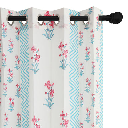 Pink and SeaGreen Lillies Cotton Handblock Curtain (Pair of 2 Curtains)