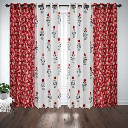 Red Blue Soorajmukhi with-Red White Gadh Jaal Cotton Handblock Combo (Set of 4 Curtains)