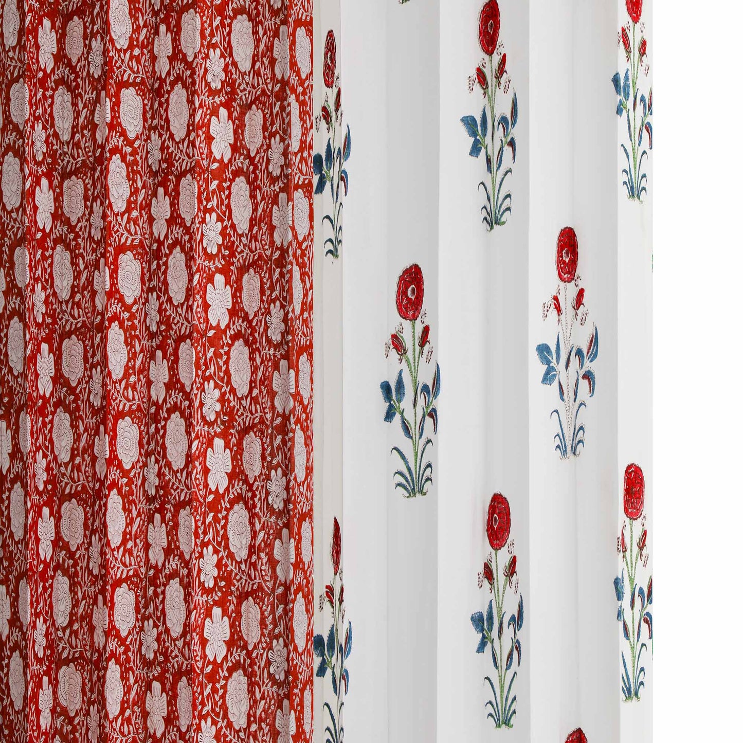 Red Blue Soorajmukhi with-Red White Gadh Jaal Cotton Handblock Combo (Set of 4 Curtains)