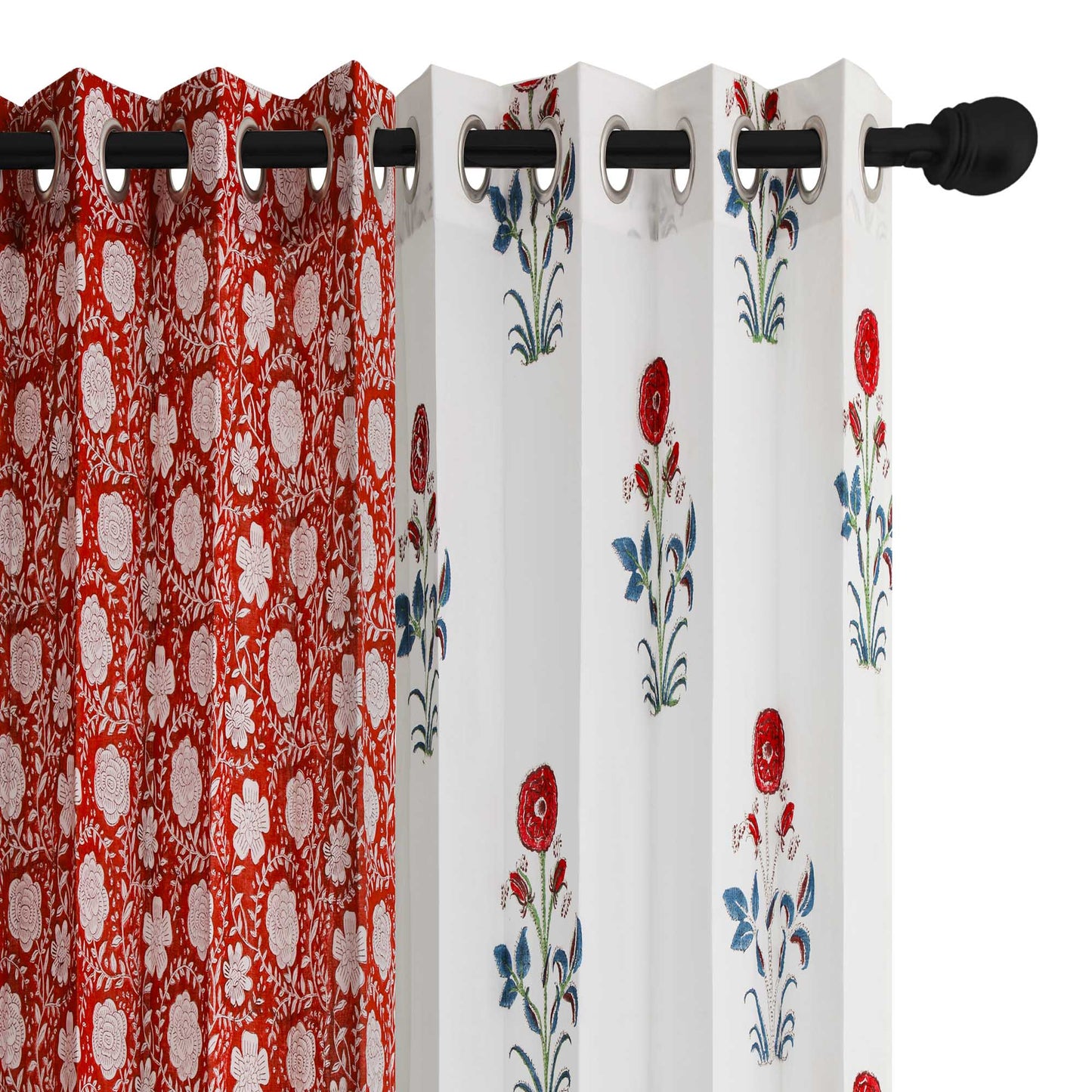 Red Blue Soorajmukhi with-Red White Gadh Jaal Cotton Handblock Combo (Set of 4 Curtains)