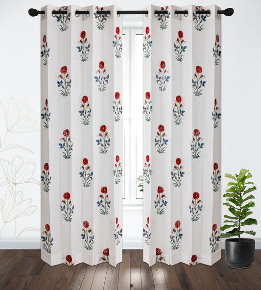 Red and Blue Soorajmukhi Cotton Handblock Curtain (Pair of 2 Curtains)