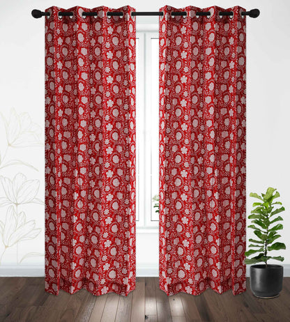 Red and White Gadh Jaal Cotton Handblock Curtain (Pair of 2 Curtains)