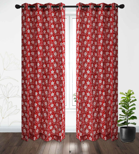 Red and White Gadh Jaal Cotton Handblock Curtain (Pair of 2 Curtains)