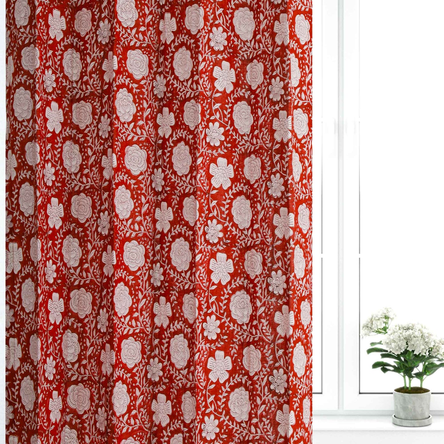 Red and White Gadh Jaal Cotton Handblock Curtain (Pair of 2 Curtains)