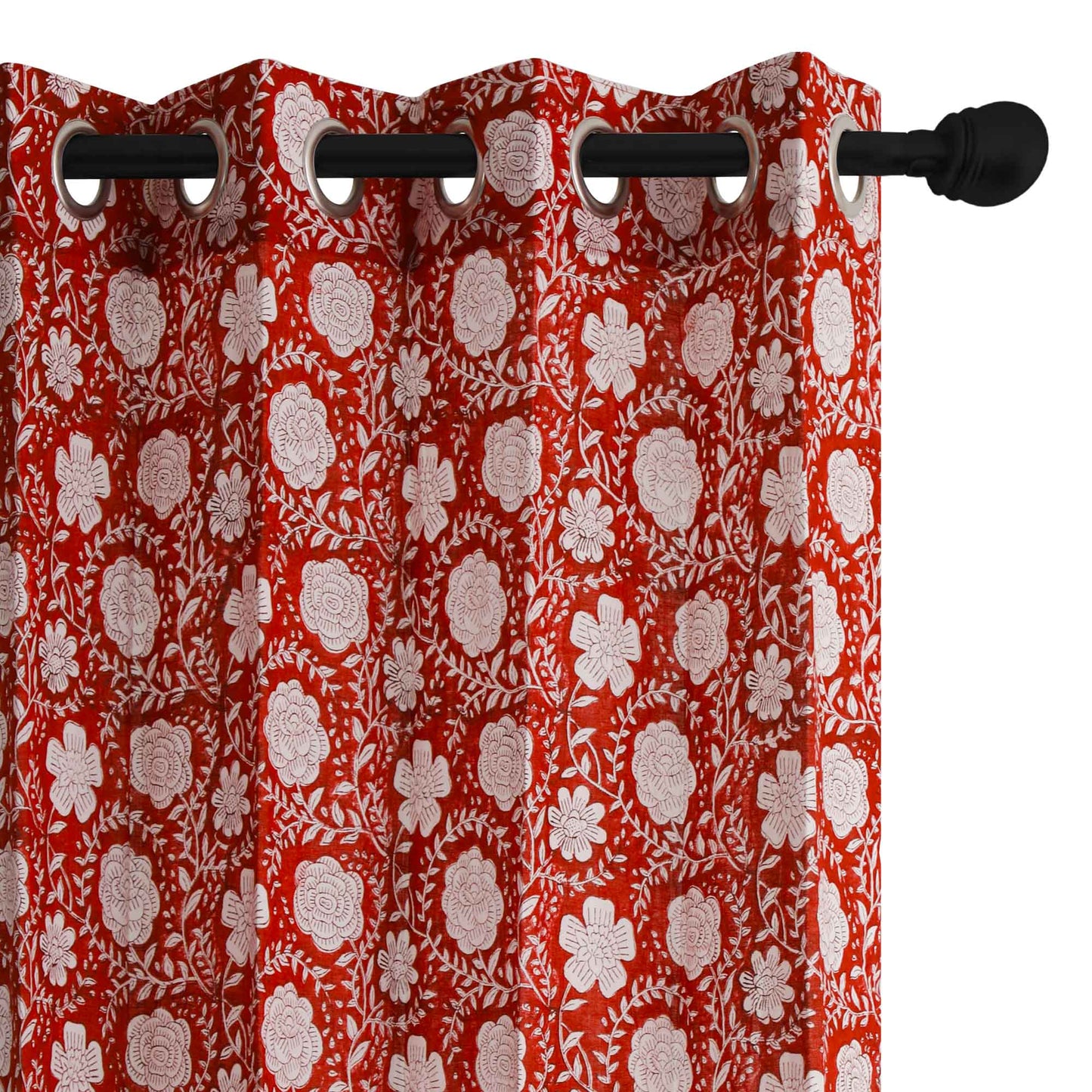 Red and White Gadh Jaal Cotton Handblock Curtain (Pair of 2 Curtains)