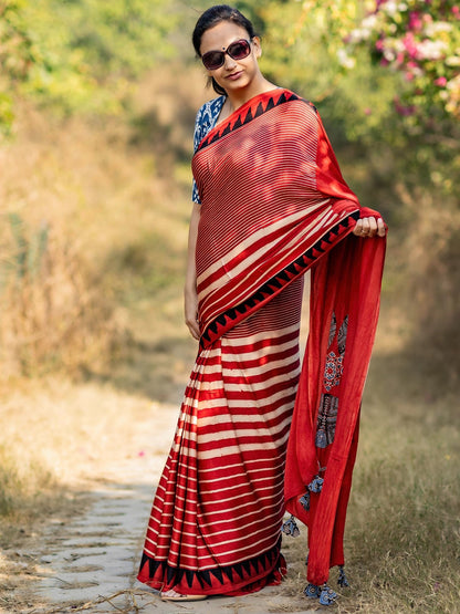 Rust Red & Off-white Striped with Round Palla Modal Silk Ajrakh Block Print Saree