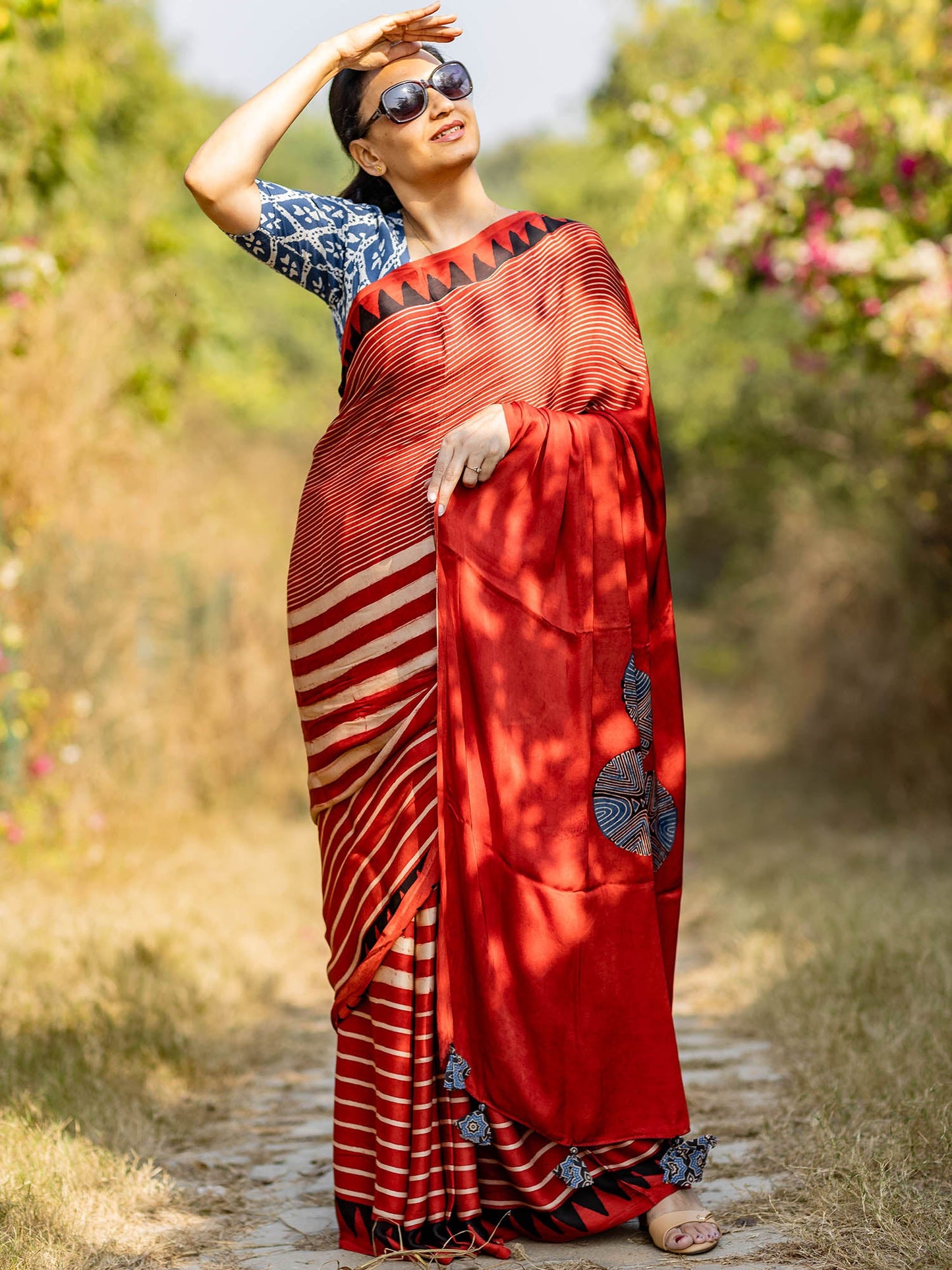 Rust Red & Off-white Striped with Round Palla Modal Silk Ajrakh Block Print Saree