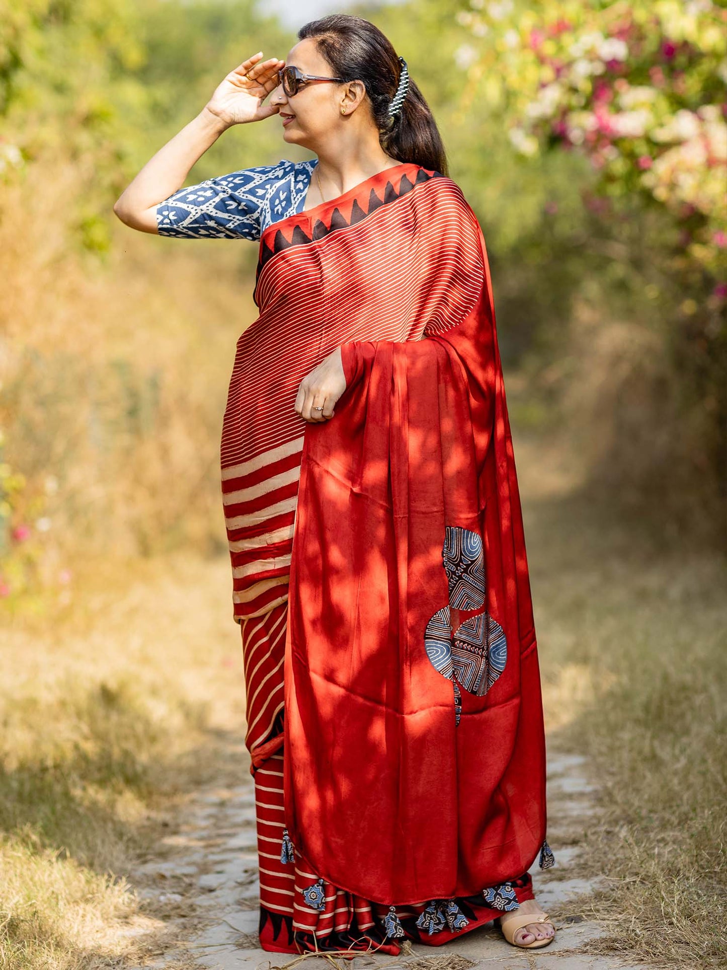 Rust Red & Off-white Striped with Round Palla Modal Silk Ajrakh Block Print Saree