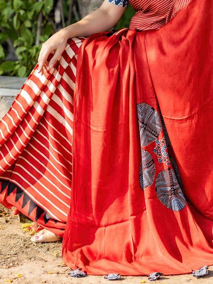 Rust Red & Off-white Striped with Round Palla Modal Silk Ajrakh Block Print Saree