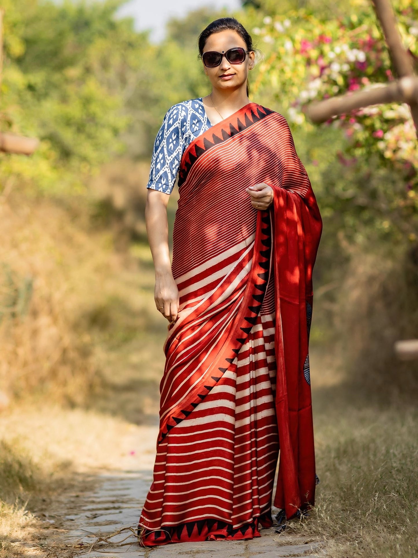 Rust Red & Off-white Striped with Round Palla Modal Silk Ajrakh Block Print Saree