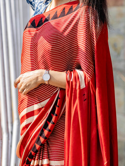 Rust Red & Off-white Striped with Round Palla Modal Silk Ajrakh Block Print Saree