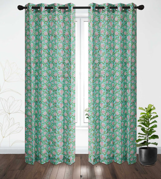 SeaGreen Pomegranate Jaal Cotton Handblock Curtain (Pair of 2 Curtains)