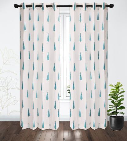 Teal Blue Cyprus Cotton Handblock Curtain (Pair of 2 Curtains)