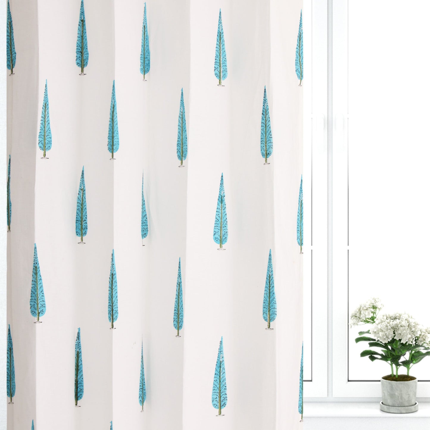 Teal Blue Cyprus Cotton Handblock Curtain (Pair of 2 Curtains)