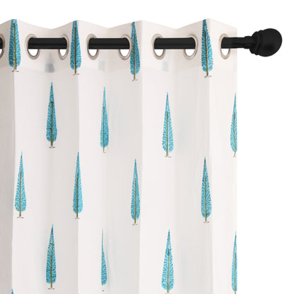 Teal Blue Cyprus Cotton Handblock Curtain (Pair of 2 Curtains)