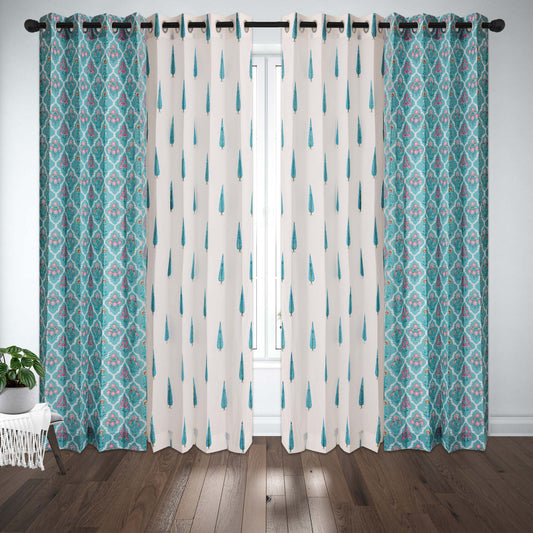 Teel Blue Cyprus with Teel Blue Jaal Cotton Handblock Combo (Set of 4 Curtains)