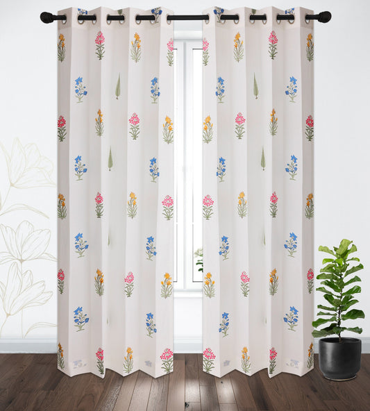 Teen Buta Cotton Handblock Curtain (Pair of 2 Curtains)