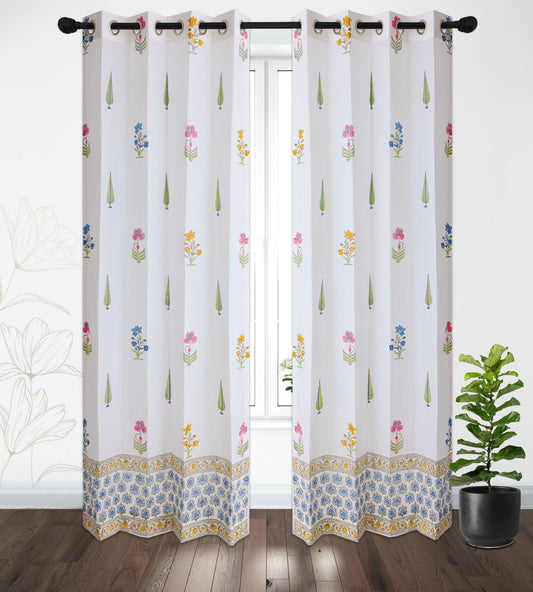 Teen Buta Border Cotton Handblock Curtain (Pair of 2 Curtains)