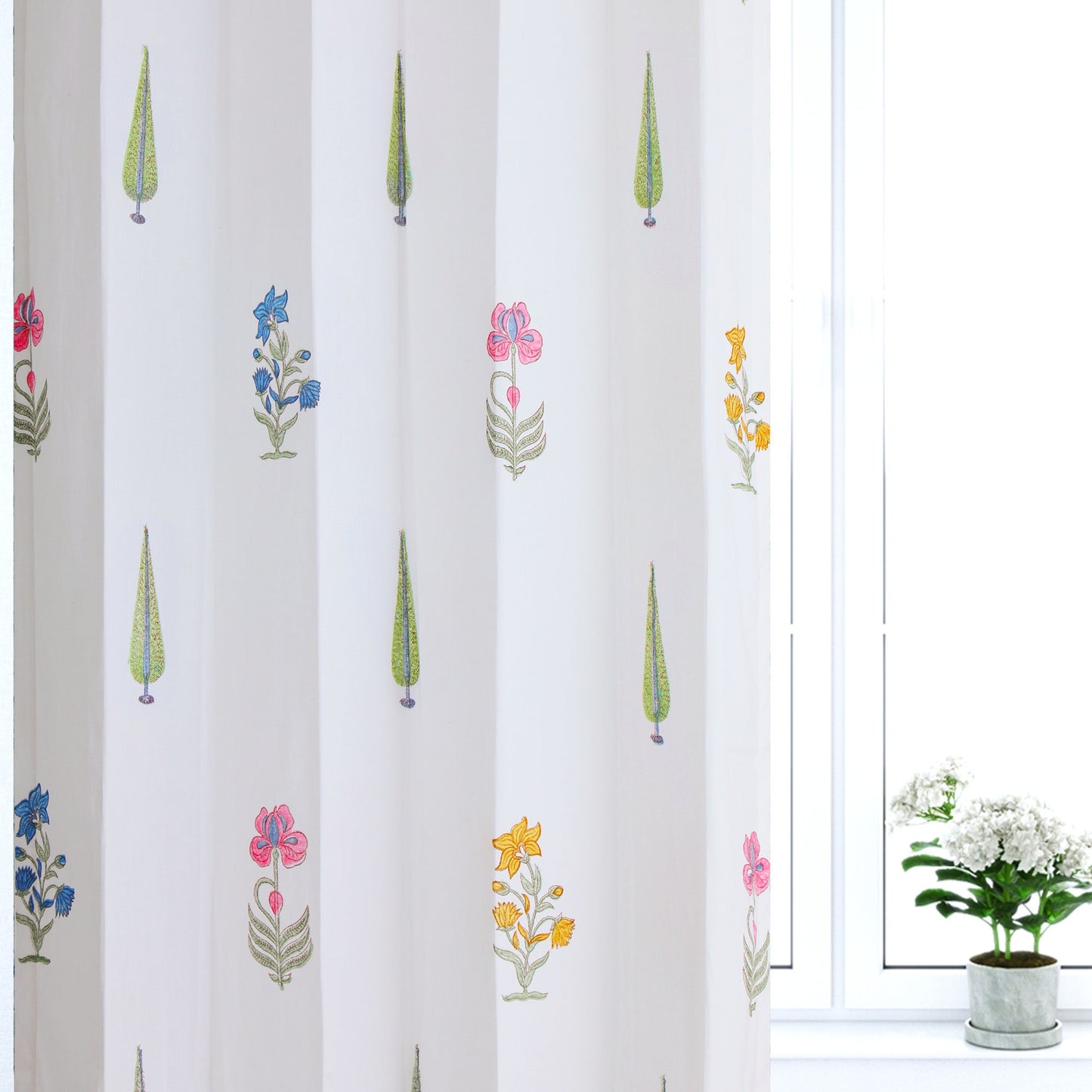 Teen Buta Border Cotton Handblock Curtain (Pair of 2 Curtains)