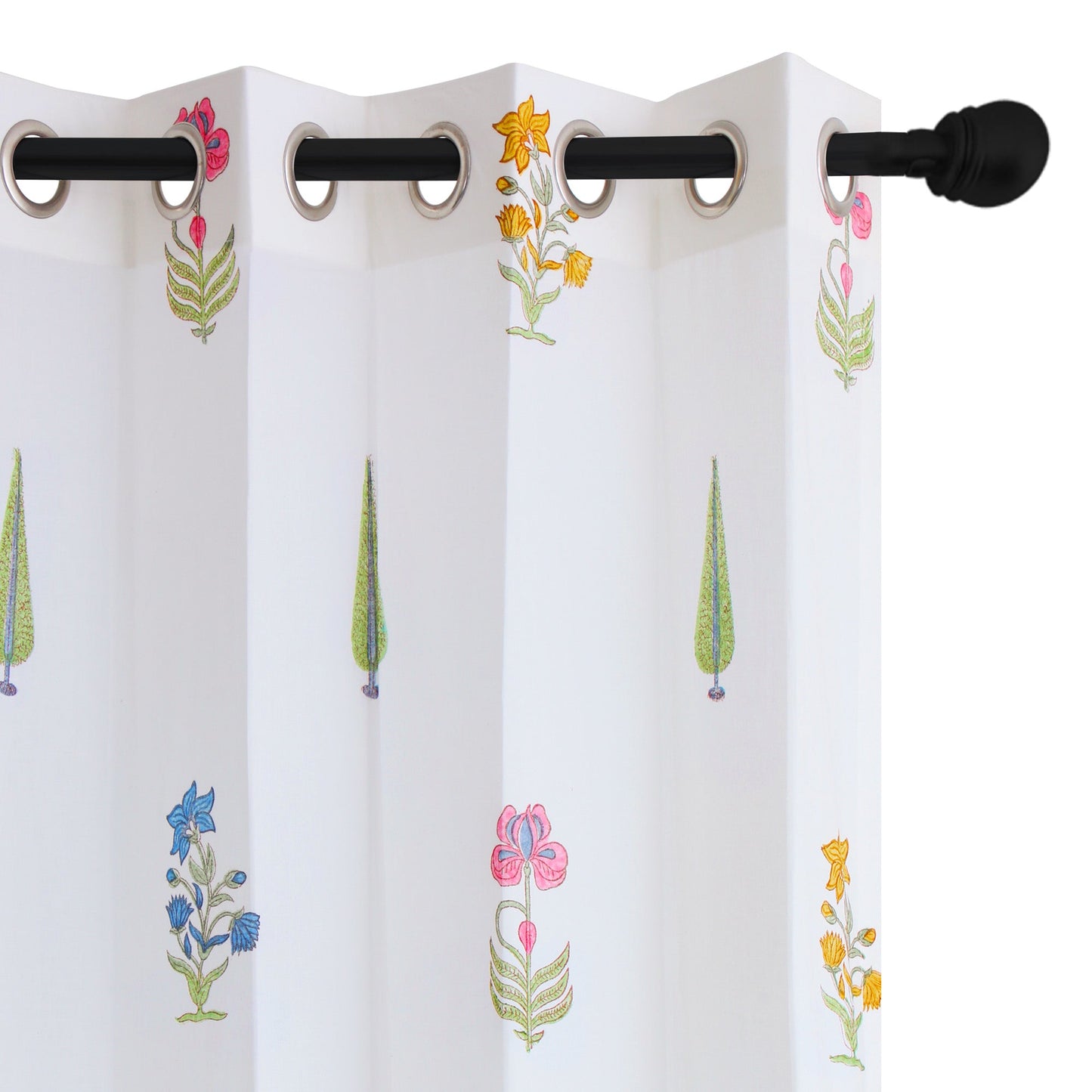 Teen Buta Border Cotton Handblock Curtain (Pair of 2 Curtains)