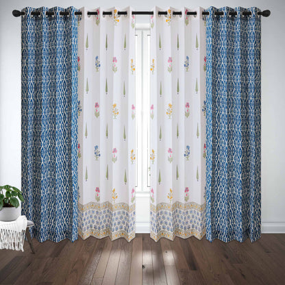 Teen Buta Border with Geometric Indigo Cotton Handblock Combo (Set of 4 Curtains)