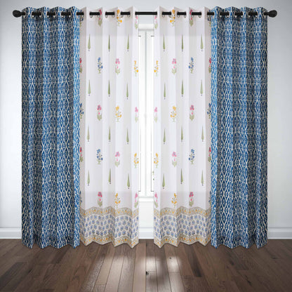 Teen Buta Border with Geometric Indigo Cotton Handblock Combo (Set of 4 Curtains)